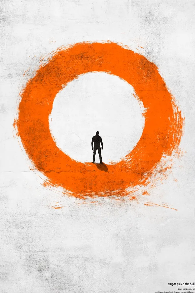 The artwork depicts a solitary, silhouetted figure standing at the center of a large, vibrant orange circle painted on a textured white background. The circle appears to be created with bold brushstrokes, giving it a dynamic and slightly abstract quality. The man's posture suggests contemplation or decision-making, creating a sense of isolation and introspection within the circular frame.  The image evokes a feeling of both confinement and freedom.