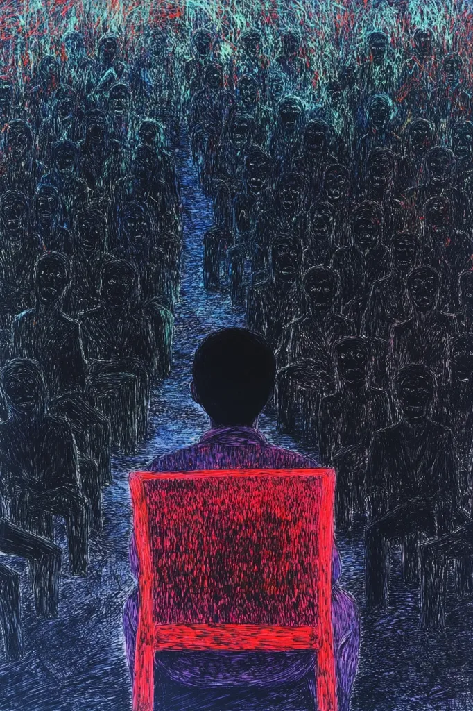 The artwork depicts a single figure seated in a vibrant red chair, facing a large audience.  The audience is rendered in dark, shadowy figures, creating a stark contrast with the bright red of the chair. The style is detailed and textured, suggesting a sense of unease or isolation for the central figure. The background is a swirling mix of dark and light hues, further emphasizing the figure's isolation. The overall mood is contemplative and somewhat mysterious.
