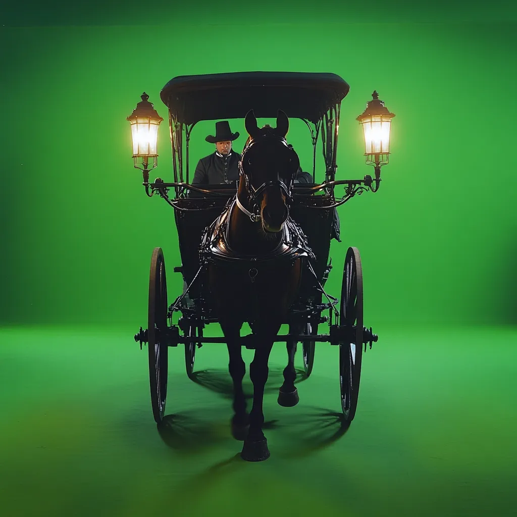 A black horse-drawn carriage, illuminated by two lit lanterns, is positioned against a green screen.  A man in period clothing sits inside the carriage, facing forward. The image is sharply focused, showcasing the detail of the carriage and the horse's attire. The overall scene suggests a film or photographic set.