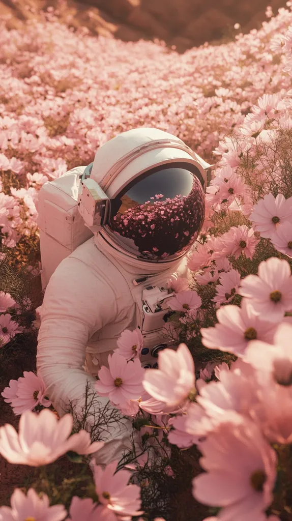 An astronaut in a white spacesuit is partially submerged in a field of delicate, light pink cosmos flowers.  The helmet's visor reflects the surrounding blossoms, creating a surreal and peaceful scene.  The warm, soft light suggests a serene, possibly alien, landscape. The overall image evokes a sense of wonder and tranquility.