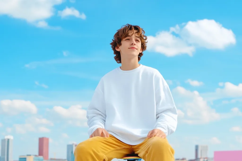 A teenage boy with curly brown hair sits against a bright blue sky dotted with fluffy white clouds. He wears a white sweatshirt and mustard-yellow pants, his hands resting on his lap.  A cityscape is visible in the background, slightly out of focus. The overall mood is relaxed and carefree.