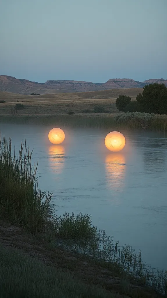 Two luminous orbs float serenely on a calm river at twilight.  The tranquil scene is set against a backdrop of rolling hills under a soft, dusky sky.  Tall grasses line the riverbank, adding to the peaceful and slightly mystical atmosphere.  The reflections of the orbs in the water mirror their ethereal glow.