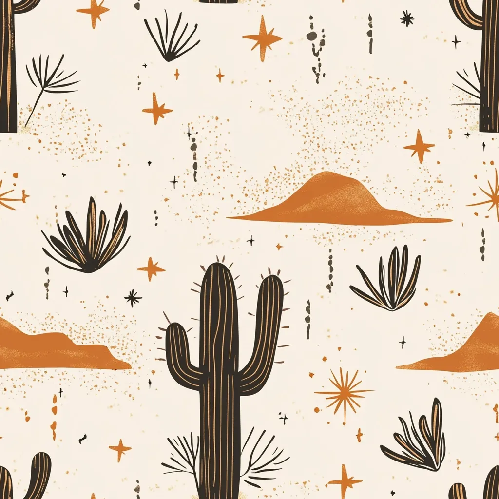 A desert-themed pattern features stylized cacti, succulents, and sand dunes in warm, earthy tones against a cream background.  Small stars and speckles add to the night sky effect.  The minimalist design uses black and burnt orange for the plants, creating a simple yet evocative southwestern aesthetic.  The repeating pattern is suitable for various applications.