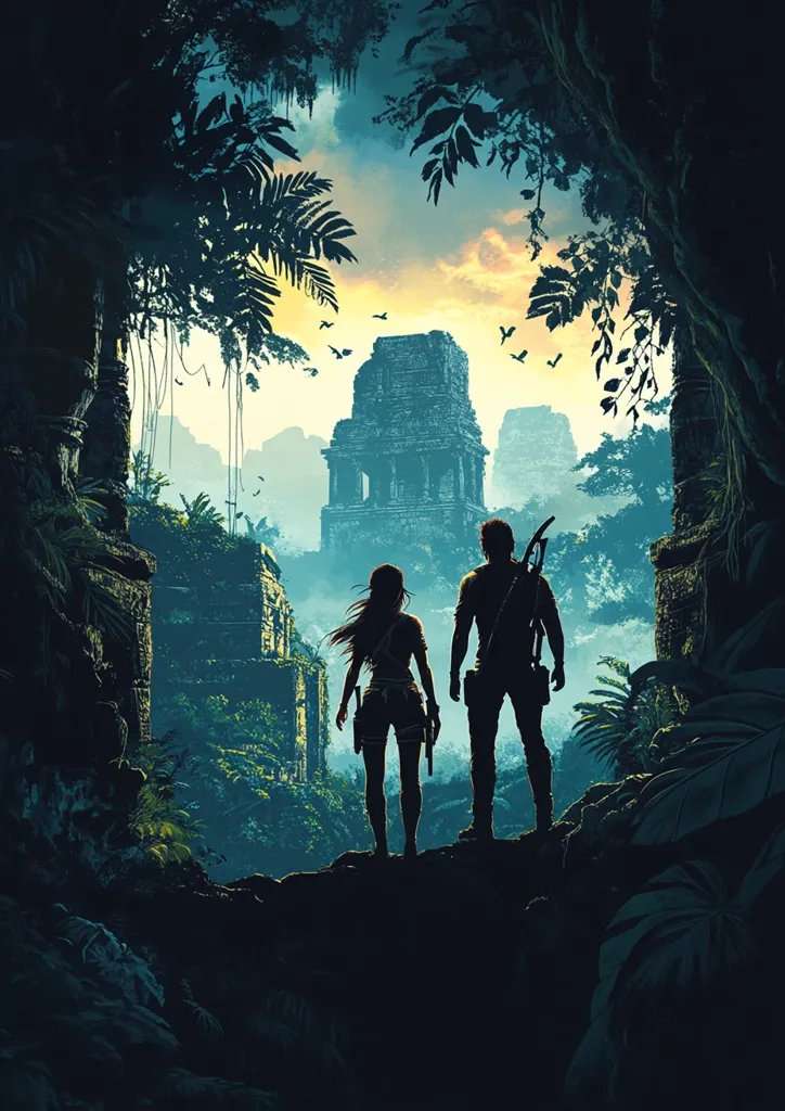 Silhouetted figures of a man and woman stand before ancient Mayan ruins nestled within a lush jungle.  Birds fly overhead against a twilight sky. The scene evokes a sense of adventure and exploration, hinting at a journey into the unknown depths of a mysterious, overgrown civilization. The artwork's dark, moody palette enhances the atmosphere of intrigue.