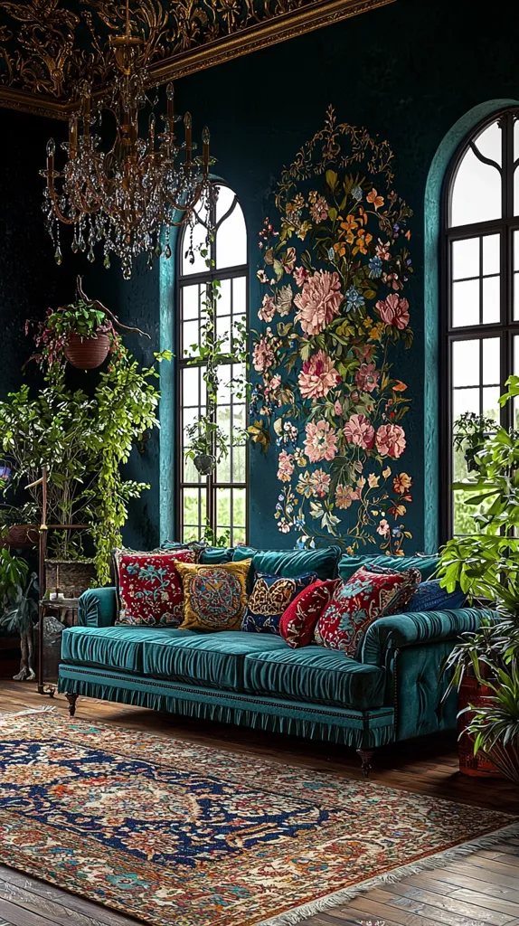 A luxurious teal velvet sofa adorned with richly patterned cushions sits in a dark teal room.  A large floral tapestry dominates one wall, complementing the ornate gold ceiling molding.  Tall windows are flanked by lush greenery, and a large, antique chandelier hangs above.  An intricately designed rug anchors the seating area, completing the opulent, bohemian aesthetic.