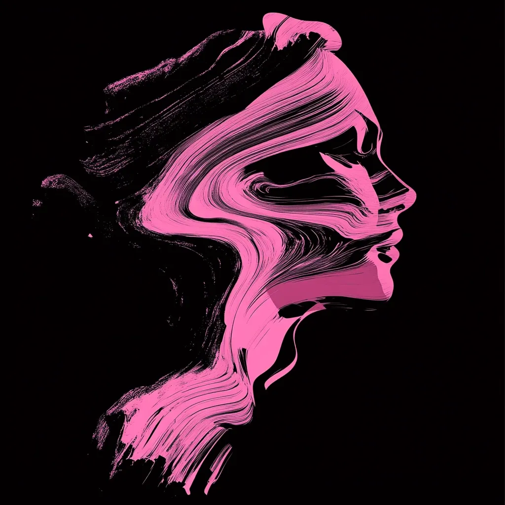 An abstract profile of a woman's face is rendered in pink and black.  The style is fluid and dynamic, with swirling, brushstroke-like lines creating a sense of movement and energy.  The pink highlights the face's form against the dark background, suggesting both strength and vulnerability. The image is evocative and artistic, leaving room for individual interpretation.