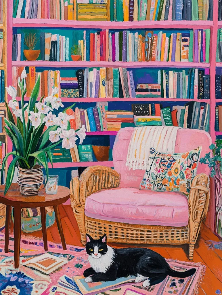 A vibrant painting depicts a cozy corner filled with books. A pink wicker armchair sits invitingly, adorned with a throw and colorful pillow.  A black and white cat lounges on a patterned rug, scattered with books.  A pink bookcase overflows with brightly colored books, and a potted plant adds a touch of nature to the scene. The overall style is playful and saturated with color.