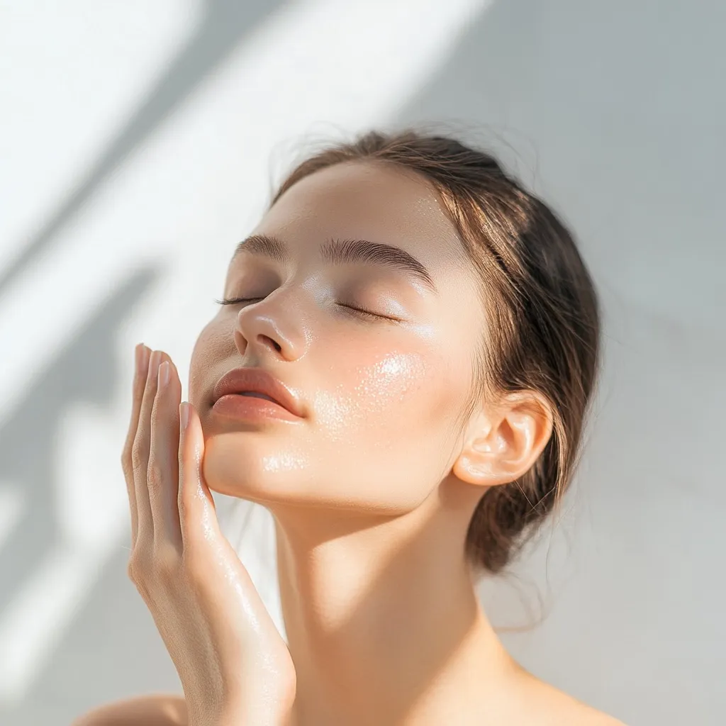 A young woman with glowing, radiant skin gently touches her face.  Her eyes are closed, suggesting serenity and relaxation.  Sunlight casts soft shadows across her features, highlighting her complexion's natural beauty.  The overall image conveys a sense of calm and healthy skincare.