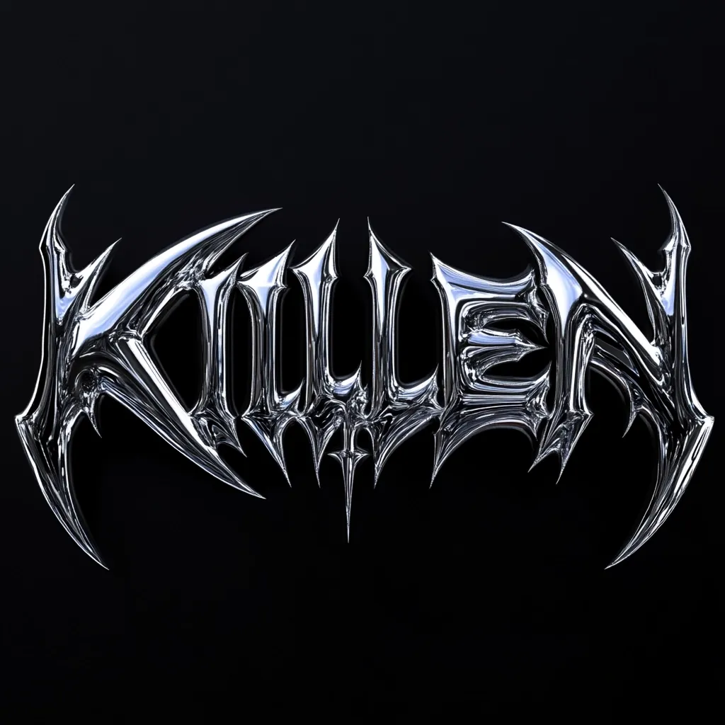 The image showcases a stylized chrome rendering of the word "KILLEN".  The lettering is sharp, angular, and features pointed, almost demonic protrusions, giving it a heavy metal or gothic aesthetic. The metallic sheen and dark background enhance its intense and aggressive visual impact.