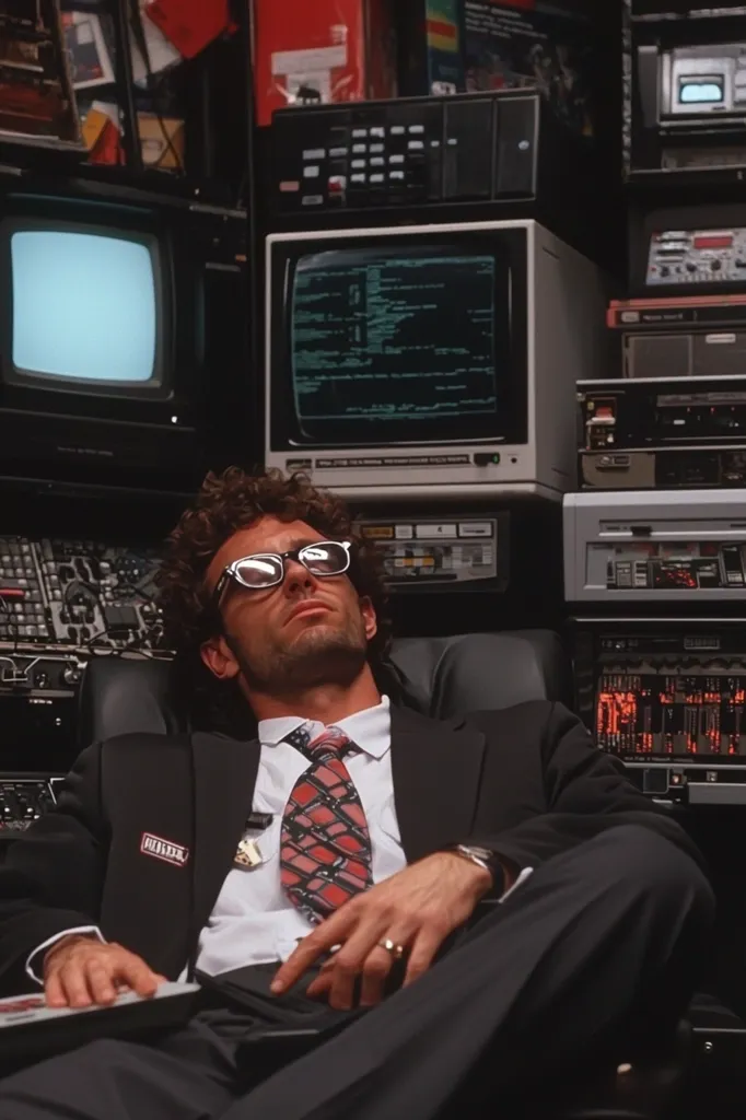 A man in a suit and glasses reclines in a chair surrounded by vintage computer equipment.  A monitor displays lines of code.  The setting evokes a retro 1980s or early 1990s computer lab or office.  The scene is dimly lit, with the glowing screens providing the main illumination.  He appears relaxed, possibly taking a break from his work.