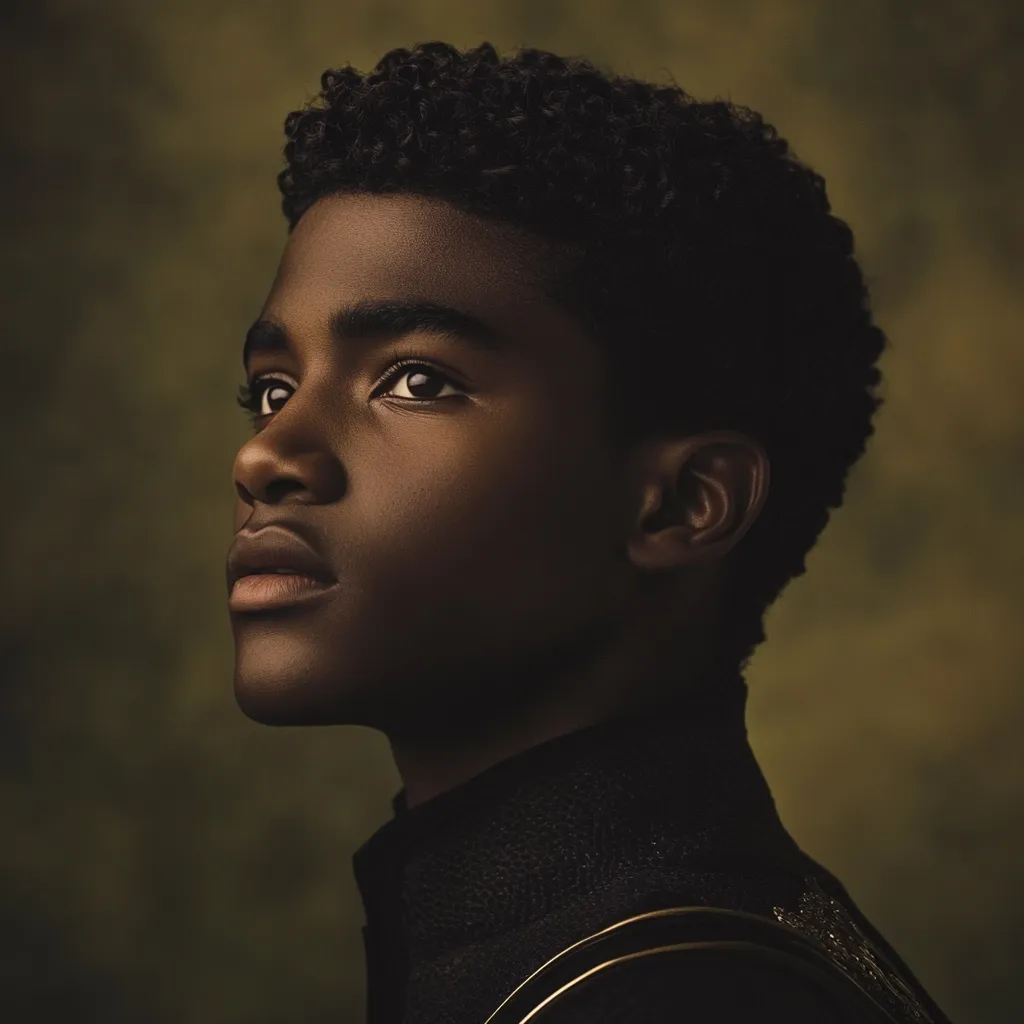 Close-up profile portrait of a young Black boy with short, curly hair.  He's wearing a dark, collared garment with gold accents on the shoulder. His gaze is directed upward and slightly to his right, conveying a thoughtful or pensive expression. The lighting is dramatic, highlighting his facial features against a muted olive-green background. The overall mood is serious and introspective.
