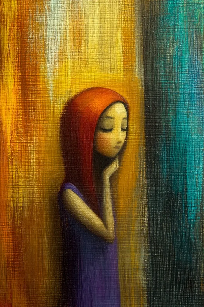 A painting of a young woman, depicted in a stylized manner. She wears a red hood and a purple dress, her eyes are closed, and her hand rests gently on her chin.  The background is a textured blend of warm golds and cool teal, creating a contemplative and somewhat melancholic mood. The style suggests a blend of impressionism and naive art.