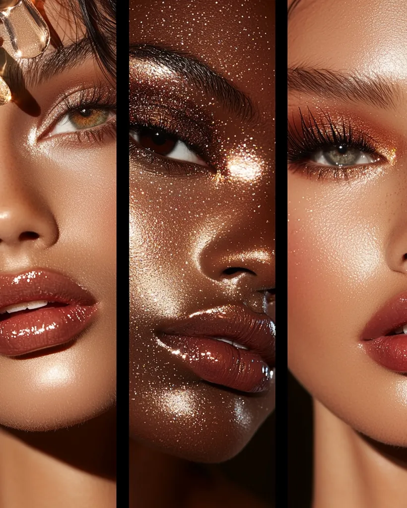 Close-up image showcasing three diverse women's faces adorned with shimmering bronze makeup.  The focus is on eyes and lips, highlighting a metallic, glittery eyeshadow and glossy lip color. The lighting accentuates the radiant glow of the makeup and skin tones.  Each woman's unique beauty is emphasized by the shared cosmetic theme.