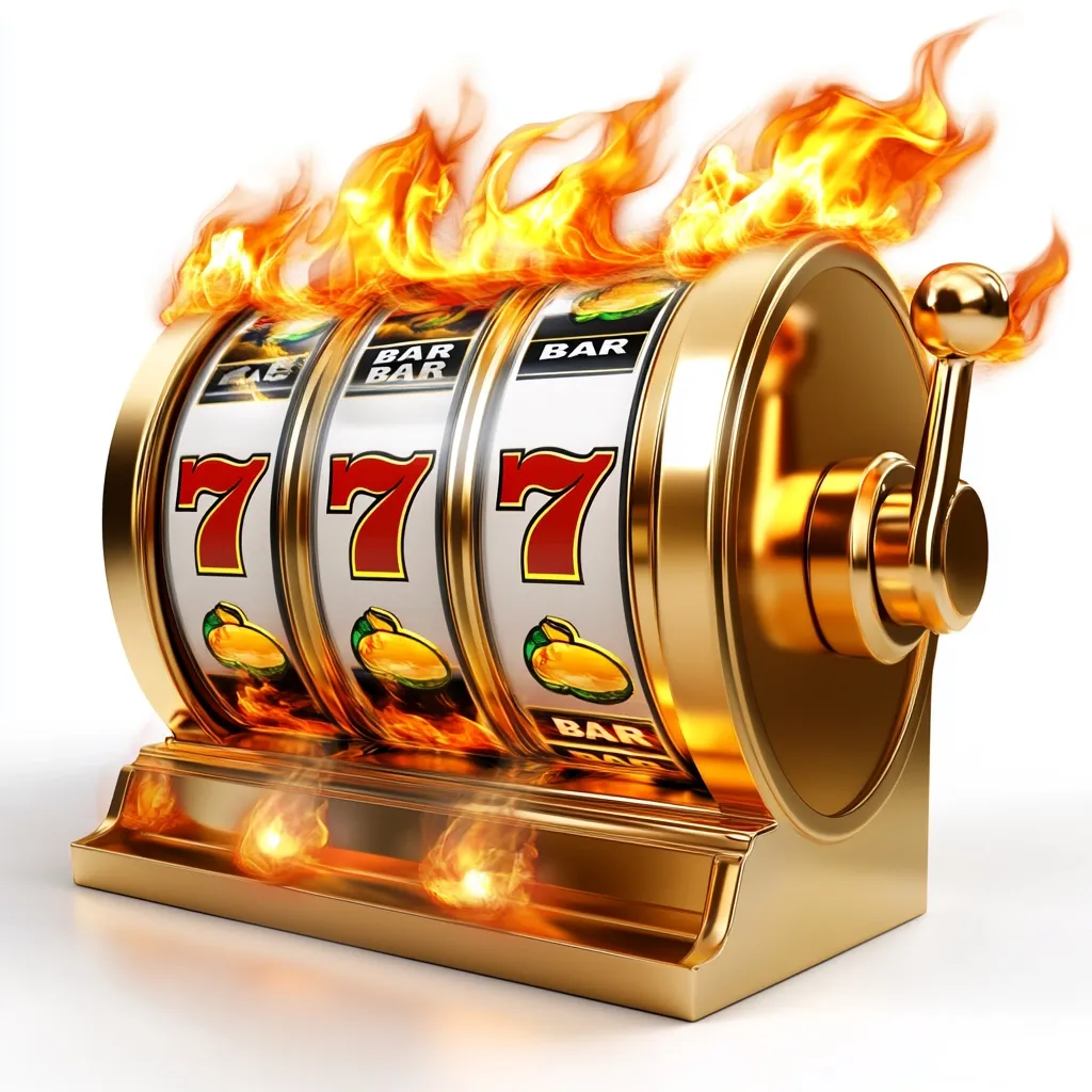 A gold slot machine is engulfed in flames, showcasing three spinning reels displaying the winning combination of "777" and "BAR" symbols.  The intense fire highlights the excitement and potential for a large payout, creating a visually striking image of a hot win.  The scene is set against a stark white background, further emphasizing the fiery slot machine.