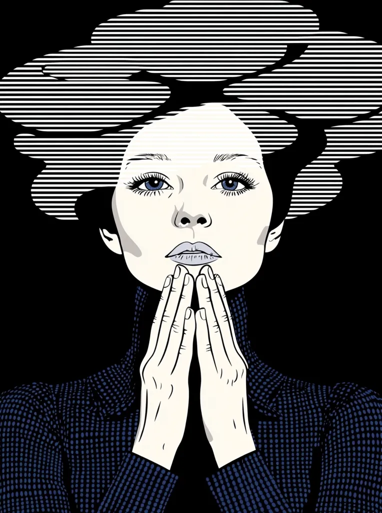 A stylized illustration of a woman with a striking, large, black and white striped hairstyle.  Her face is serene, hands gently clasped under her chin. She wears a dark blue, textured turtleneck sweater. The overall style is reminiscent of pop art, with bold lines and contrasting colors against a black background. The image conveys a sense of quiet contemplation and elegance.