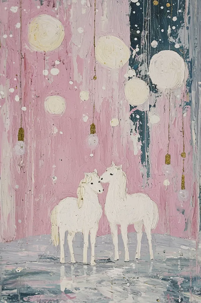 A whimsical painting depicts two white horses gently nuzzling, set against a dreamy backdrop.  The background features a pink and grey textured canvas with numerous hanging light orbs, creating a soft, ethereal atmosphere.  The horses are rendered in a naive, almost childlike style, enhancing the painting's overall whimsical and romantic feel.  Small white dots scatter the background, adding to the light and airy mood.