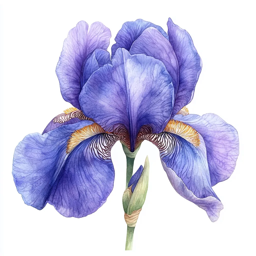 A watercolor painting showcases a single, vibrant purple iris in full bloom.  Its petals are richly detailed, showing delicate veining and a subtle shift in color from deep purple to lighter lavender.  The inner petals reveal a striking contrast of golden yellow and deep purple markings. A smaller, unopened bud is visible on the stem below the main flower, adding a sense of growth and anticipation. The background is pure white, making the iris the focal point.