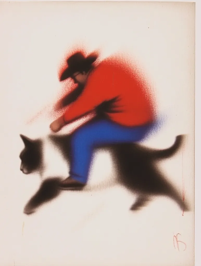 A stylized illustration depicts a person in a red shirt and blue pants, wearing a cowboy hat, riding a large black cat. The image is rendered with a blurred, almost airbrushed effect, giving a sense of motion. The figure and cat are rendered in bold, simple shapes, and the background is a light, off-white. The overall style is suggestive of playful surrealism or a child's imaginative vision.
