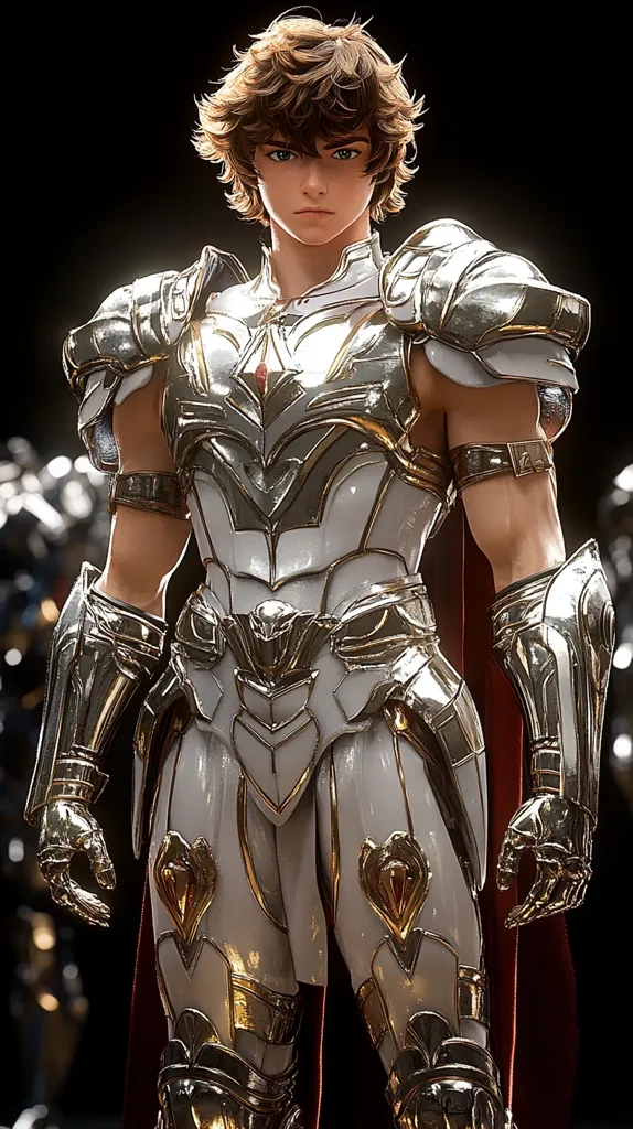 A young man with curly brown hair is depicted wearing ornate, gleaming white and gold armor. The armor is highly detailed, showcasing intricate designs and a polished, metallic finish.  He stands against a dark background, the light highlighting the armor's metallic sheen. His expression is serious and intense, conveying a sense of strength and power.  A hint of red fabric is visible at his lower back.