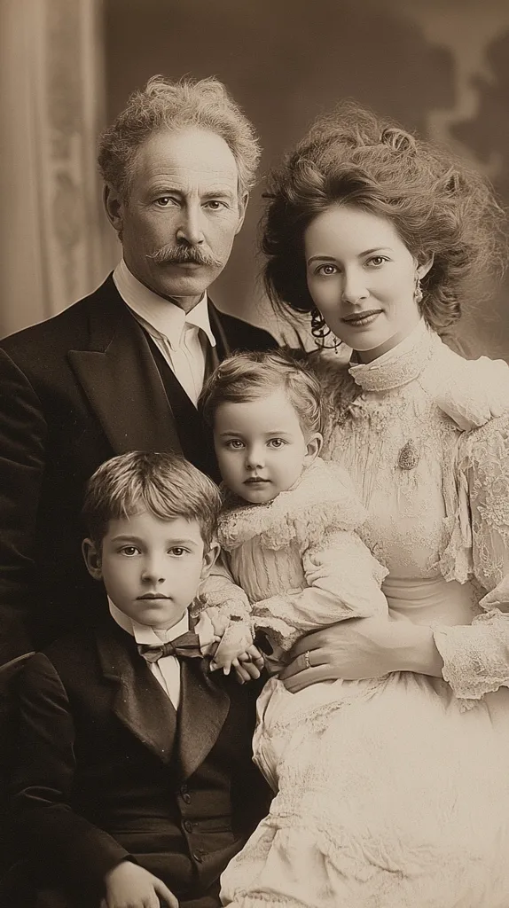 A sepia-toned portrait showcases a family of four. The father, with a mustache and neatly combed hair, is dressed in a formal suit.  Beside him stands the mother, elegantly attired in a lacy dress with an elaborate hairstyle.  Two young children, a boy and a girl, are nestled between their parents, the girl in a frilly dress.  The image exudes a timeless quality, characteristic of early 20th-century portraiture.