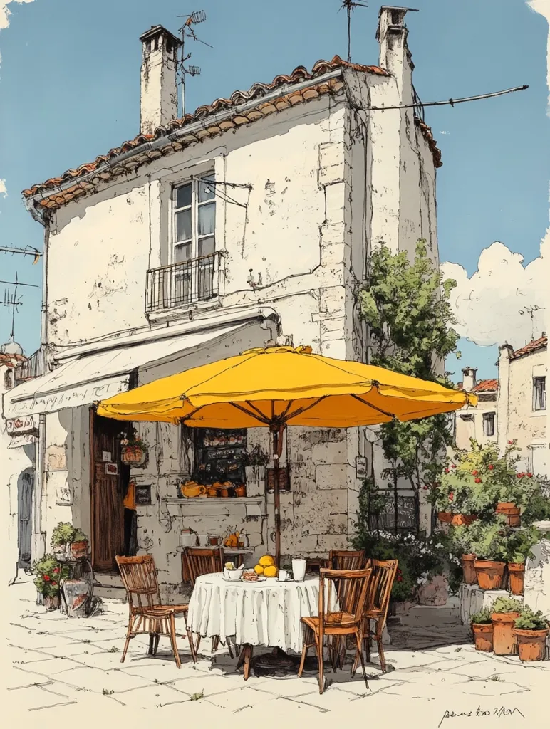 A charming illustration depicts a quaint European cafe. A sunny yellow umbrella shades a table set for a meal, surrounded by wooden chairs. The cafe is nestled within a weathered, white stone building, adorned with potted plants and flowers.  The scene exudes a relaxed, peaceful atmosphere, suggesting a tranquil moment in a picturesque setting. The style is reminiscent of a hand-drawn sketch, filled with detail and charm.