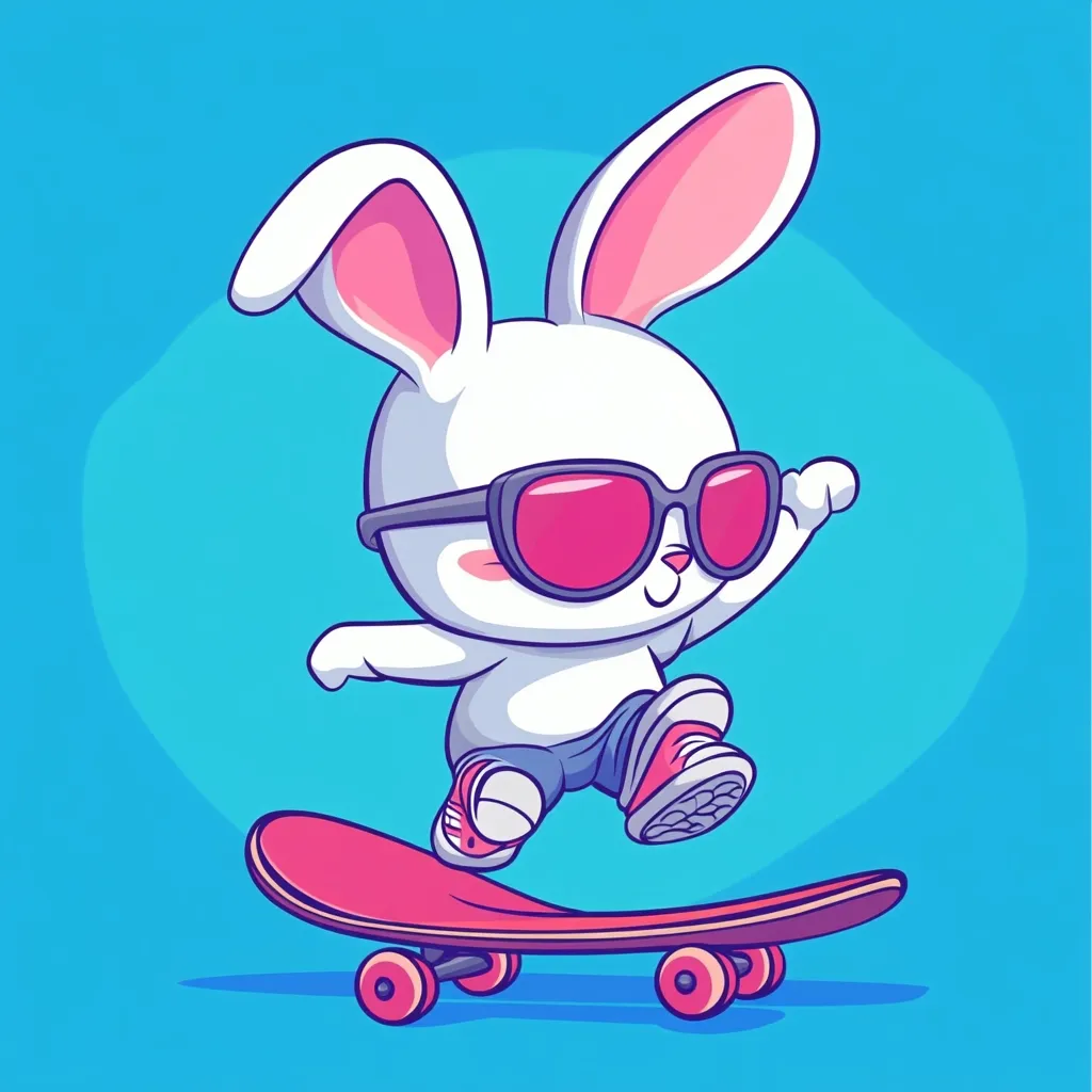 A cute cartoon rabbit, wearing pink sunglasses and sneakers, is shown skateboarding.  The rabbit is mid-air, legs outstretched, performing a trick on a pink skateboard with red wheels.  The background is a light blue, creating a vibrant and playful scene. The overall style is playful and cheerful.