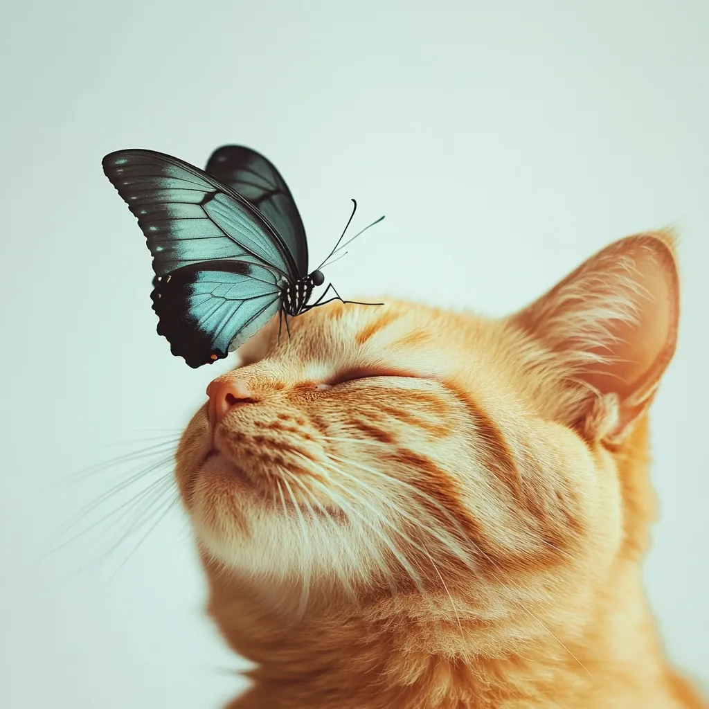 A serene ginger cat rests with its eyes closed, a beautiful teal butterfly delicately perched atop its head.  The soft lighting and muted background emphasize the peaceful moment, creating a gentle and heartwarming image of animal companionship. The cat's relaxed expression and the butterfly's stillness evoke a sense of calm and tranquility.