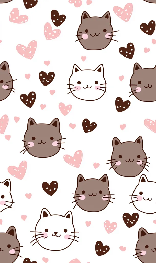 A seamless pattern features adorable cartoon cats in brown and white, interspersed with pink and brown hearts.  The cats have simple, cheerful expressions, and the hearts vary in size and shade, creating a sweet and playful design. The background is white, allowing the cute cat and heart motifs to stand out.  The overall style is reminiscent of children's illustrations or kawaii aesthetics.