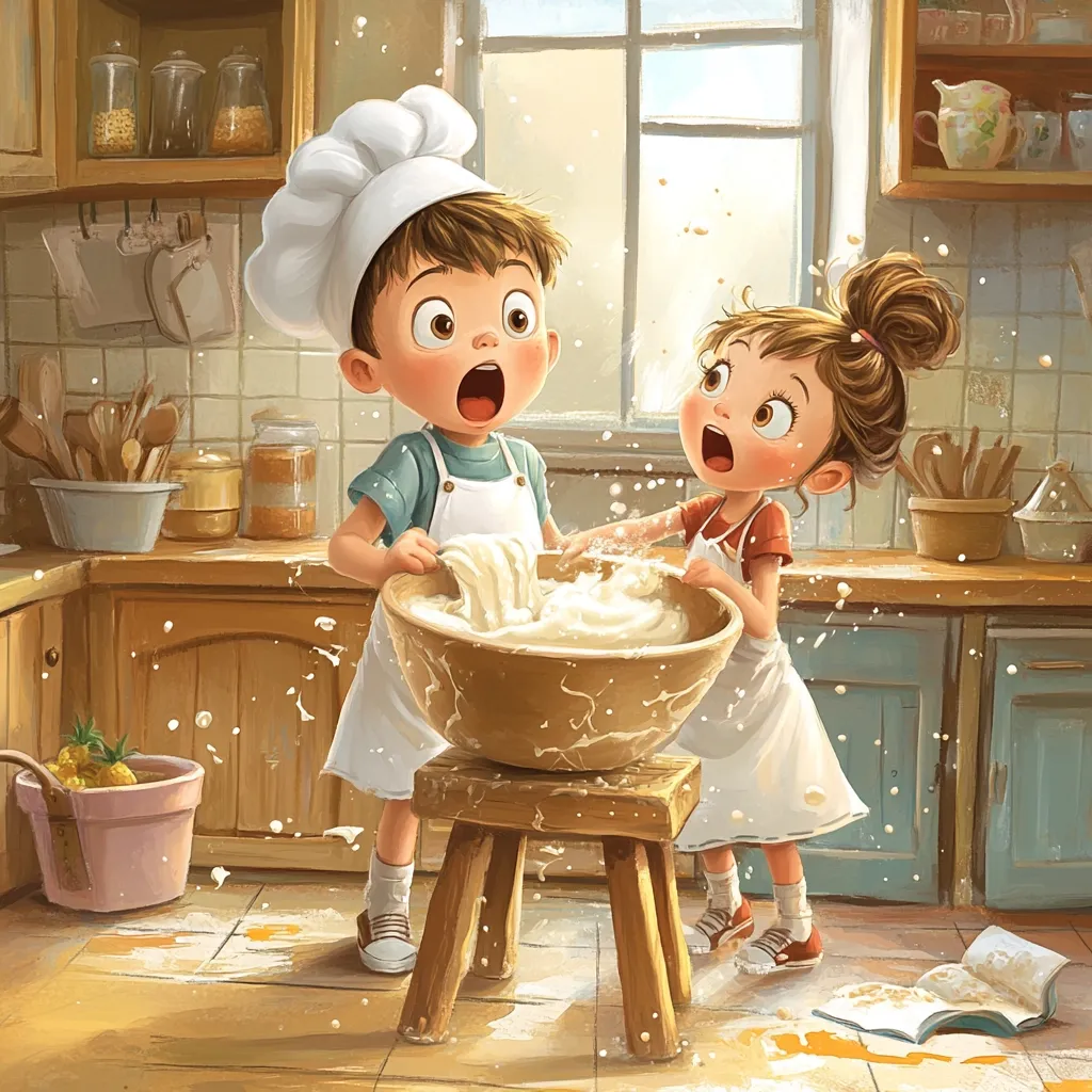 Two adorable children, a boy in a chef's hat and a girl, are playfully mixing batter in a large wooden bowl in a sunlit kitchen.  Flour splatters across the floor as they enthusiastically stir, creating a charmingly messy scene. The kitchen is warm and inviting, filled with baking supplies and the sweet aroma of freshly baked goods.  Their expressions are filled with glee and wonder, capturing the joy of cooking together.