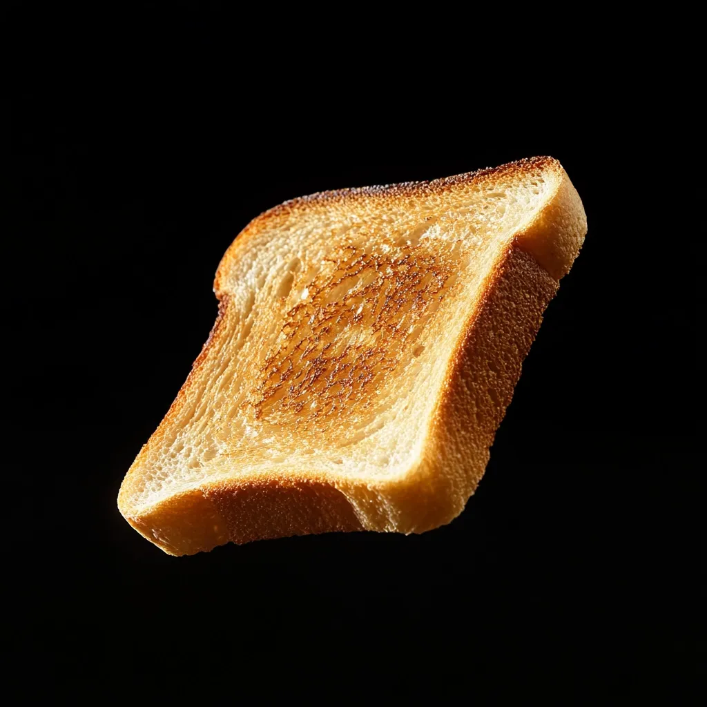 A single slice of perfectly toasted bread floats against a black background.  The toast is golden brown, with crisp edges and a lightly browned interior.  The lighting highlights the texture and slight unevenness of the browning, suggesting a homemade quality.  The image is simple yet visually striking, emphasizing the food's warmth and appeal.