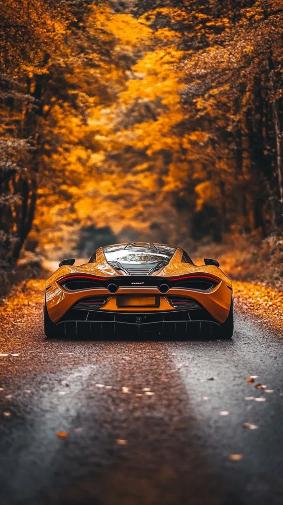 A vibrant orange McLaren 765LT sports car is captured from a rear perspective, driving down a tree-lined road.  The autumnal setting is rich with warm, golden hues from the leaves. The road is wet, reflecting the car's sleek design and the surrounding foliage. The image conveys a sense of speed and luxury within a picturesque natural environment.