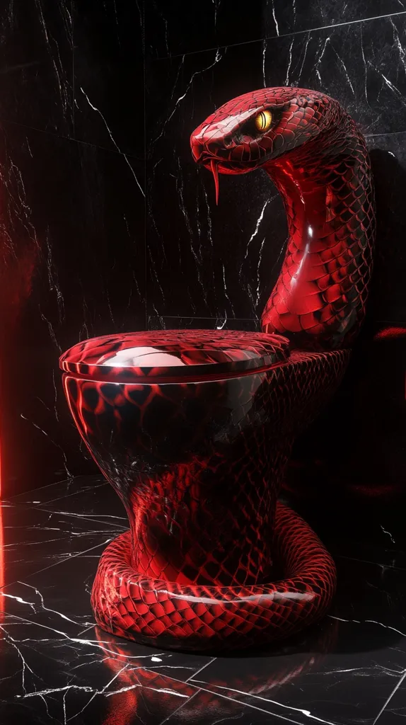 A striking red toilet, shaped like a coiled cobra, sits against a black marble wall.  The glossy, textured surface mimics snakeskin, with the cobra's head forming the toilet's tank.  The dramatic lighting and dark background highlight the toilet's unique design, creating a luxurious and slightly ominous atmosphere.
