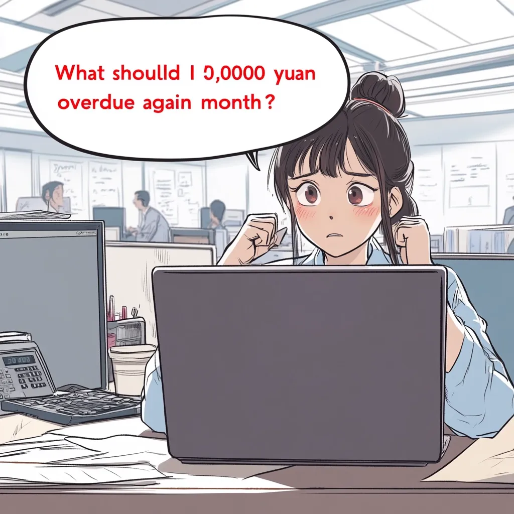 A young woman sits at her desk in an office, her face flushed with worry.  A thought bubble above her head reads, "What should I do, 3,000 yuan overdue again month?"  She's working on a laptop, surrounded by paperwork and office equipment.  The scene depicts stress and financial anxiety in a modern workplace setting.