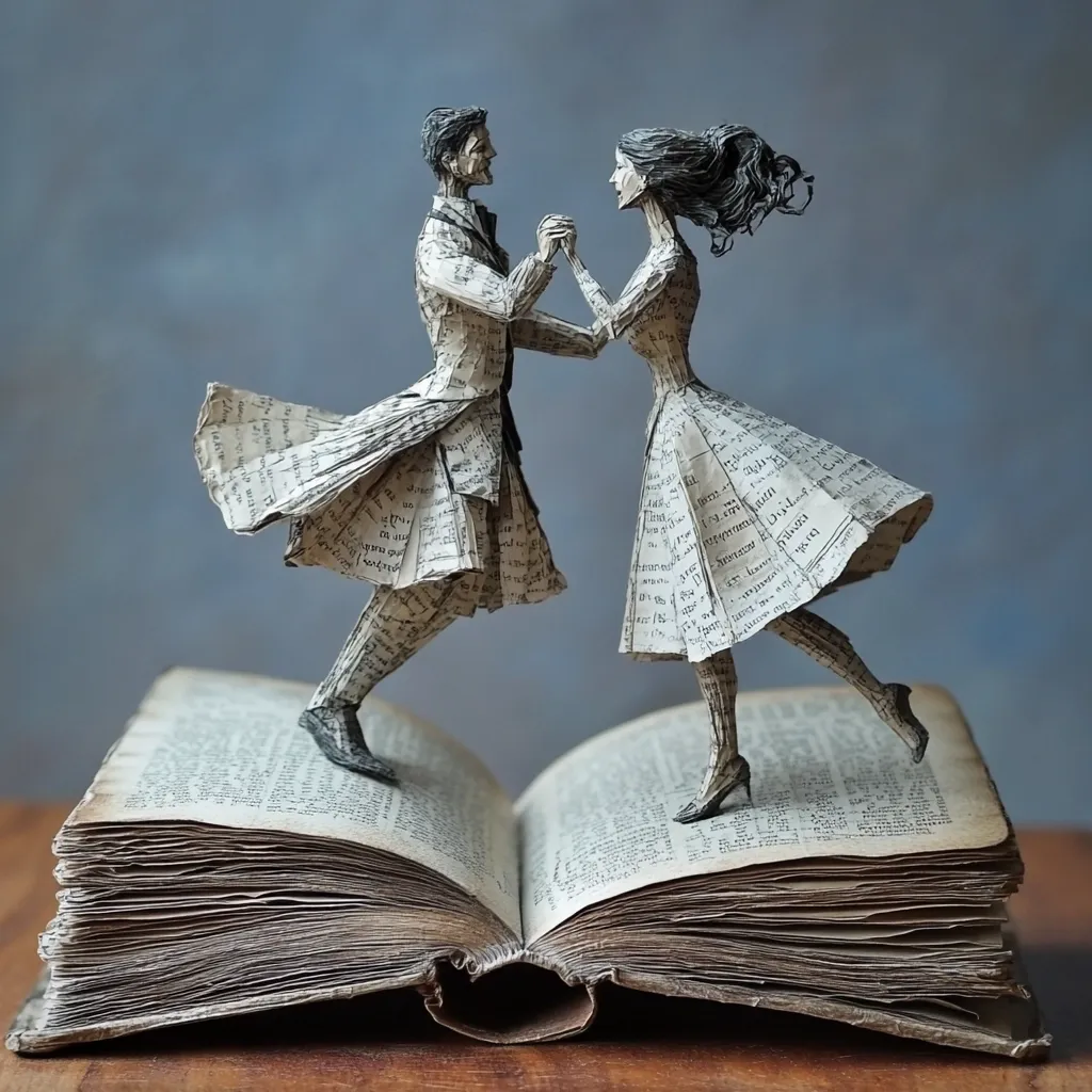A meticulously crafted artwork depicts a couple elegantly dancing atop an open antique book.  The figures, fashioned from intricately folded and layered pages of old books, appear to be waltzing.  Their clothing details are remarkably precise, showcasing the artist's skill in paper sculpting. The overall effect is one of delicate beauty and romantic storytelling, the dancers seemingly sprung from the very pages beneath them.