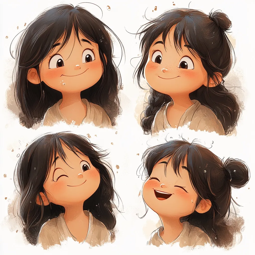A digital illustration showcases four distinct portraits of a cute girl with long, dark hair.  Each portrait captures a different expression: serene contentment, a playful wink, a joyful laugh, and a gentle smile.  The style is whimsical and charming, with soft brushstrokes and warm, earthy tones. The girl's features are exaggerated for a cute effect, creating a delightful and expressive series of images.