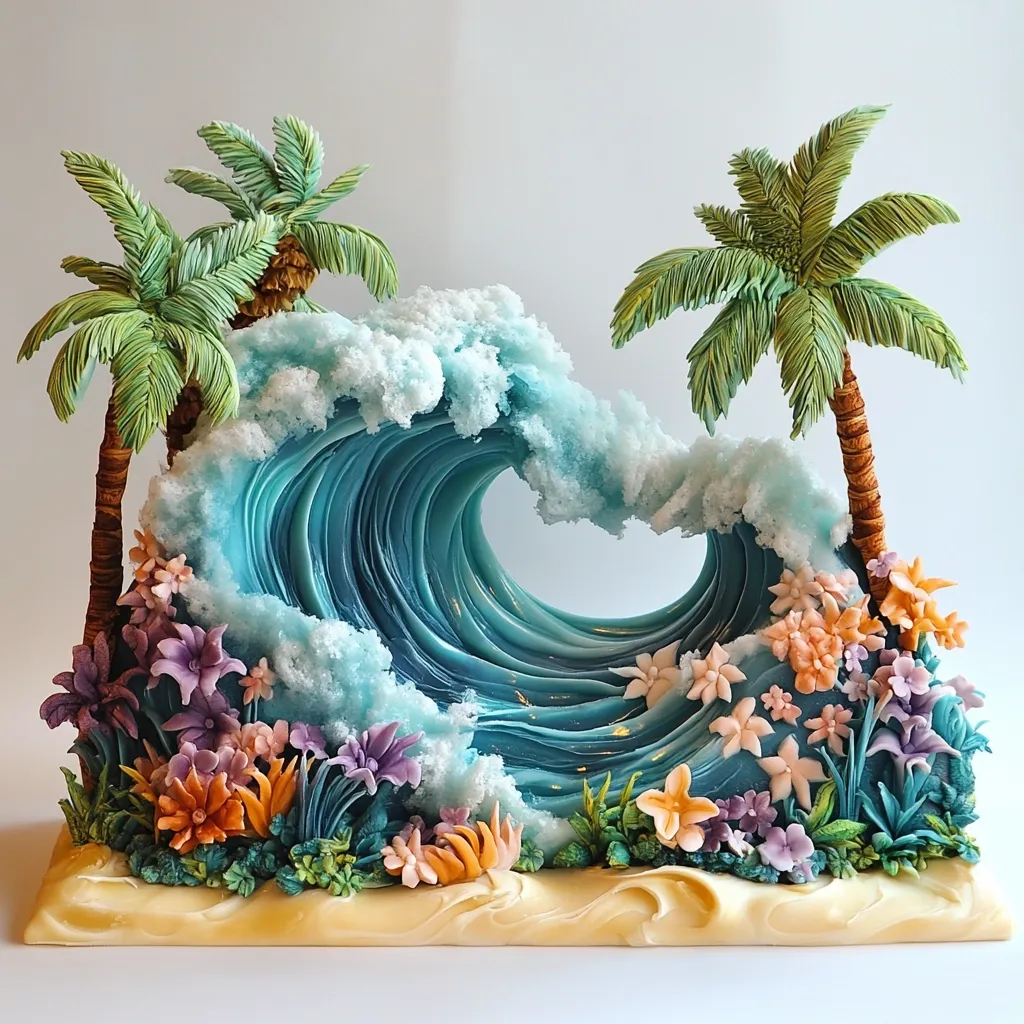 A breathtaking sugarcraft creation depicts a vibrant tropical scene.  A turquoise wave, sculpted with impressive detail, crashes over a sandy base adorned with meticulously crafted sugar flowers in a myriad of colors.  Two palm trees flank the wave, completing the idyllic beach paradise. The artistry showcases exceptional skill and attention to detail.
