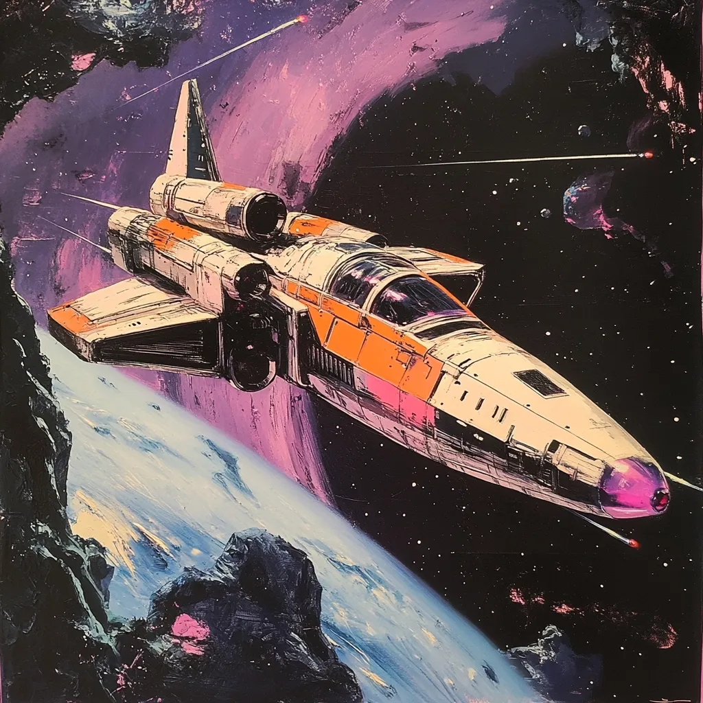 A vibrant painting depicts a futuristic spaceship soaring through space. The spacecraft, predominantly white and orange with pink accents, is detailed with engines and a cockpit. It flies past a planet, partially obscured by dark, rocky formations, against a backdrop of a swirling purple nebula and streaks of light.  The style is reminiscent of science fiction art, bold and expressive in its brushstrokes.