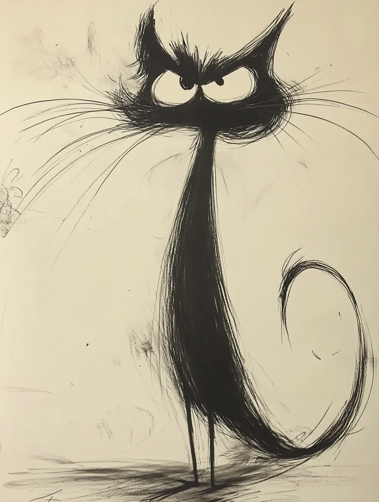 A stylized ink drawing depicts a black cat with an exaggeratedly long body and tail.  Its fur is rendered with expressive, textured lines, giving it a slightly wild or mischievous appearance. The cat's eyes are wide and intense, conveying a sense of alertness or perhaps anger.  The overall style is expressive and somewhat cartoonish, yet maintains a sense of depth and emotion.