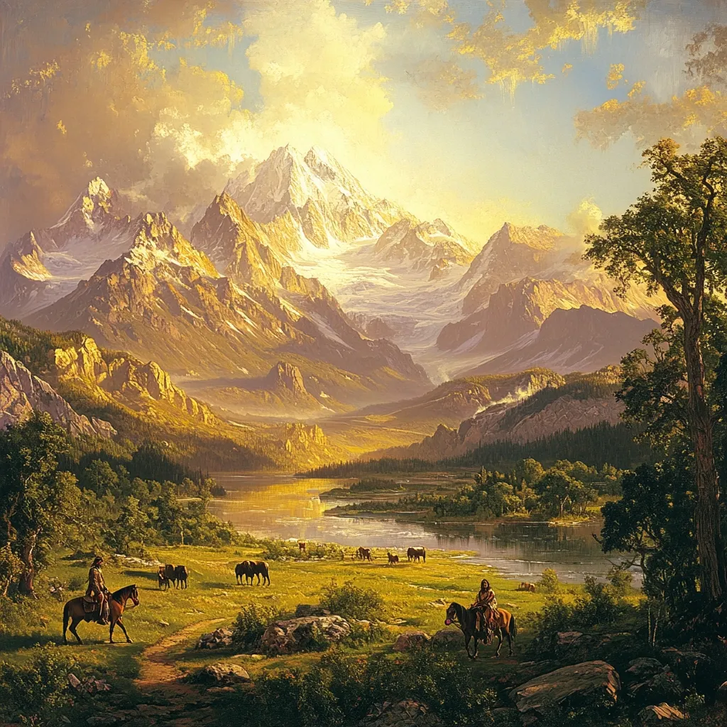 A serene landscape painting depicts a majestic mountain range, its snow-capped peaks reflecting in a calm river winding through a verdant valley.  Two lone figures on horseback, possibly Native American, traverse the peaceful scene.  Horses graze in the foreground, creating a tranquil atmosphere of the American West, bathed in the warm golden light of either sunrise or sunset.  The overall impression is one of breathtaking beauty and solitude.