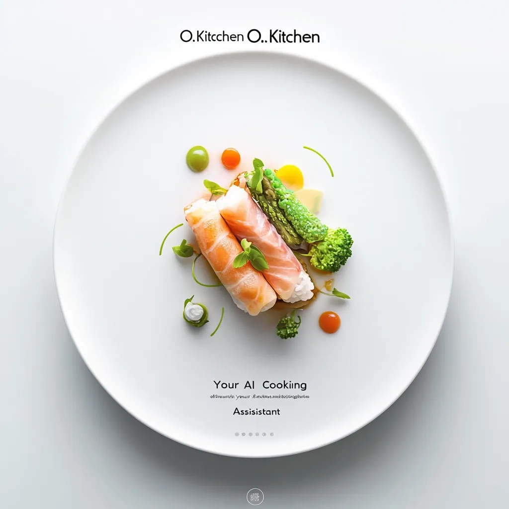 A minimalist, overhead shot showcases an elegantly plated dish. Two salmon rolls are the centerpiece, arranged artfully with asparagus, broccoli, and vibrant sauces.  The clean white plate contrasts with the colorful food, creating a visually appealing image.  The text "Your AI Cooking Assistant" suggests a technological element to the culinary presentation.  The overall aesthetic is modern and sophisticated.