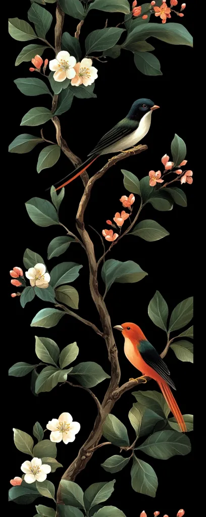 A dark, stylized illustration features a flowering branch against a black background. Two birds perch on the branch; one is predominantly black and white, the other a vibrant orange and black.  Delicate white blossoms and smaller orange flowers punctuate the deep green foliage, creating a striking contrast. The image evokes a sense of elegance and natural beauty.