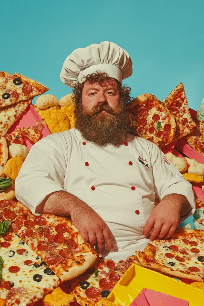 A large, bearded chef in a white toque and jacket sits surrounded by an abundance of pizza slices and other assorted baked goods.  The scene is vibrant and playful, set against a bright blue background. The chef's jovial expression and the overflowing pizza create a humorous image focused on excess and indulgence.