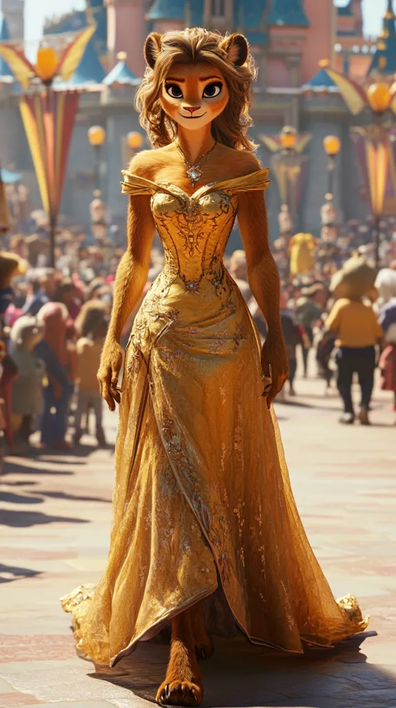 A lioness, anthropomorphized with human-like features, strolls through a vibrant outdoor setting reminiscent of a theme park.  She's elegantly dressed in a long, golden gown, its intricate detailing catching the sunlight. Her paws are visible beneath the hem, a subtle reminder of her true nature.  The background is blurred, focusing attention on the regal figure in the foreground.