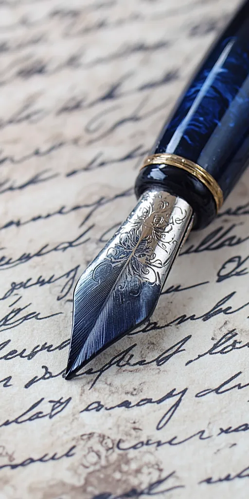 A close-up shot reveals an elegant fountain pen resting on a page filled with handwritten cursive script. The pen's nib is intricately detailed, showcasing a feather design.  The deep blue barrel contrasts beautifully against the aged, cream-colored paper. The image evokes a sense of nostalgia and classic writing.