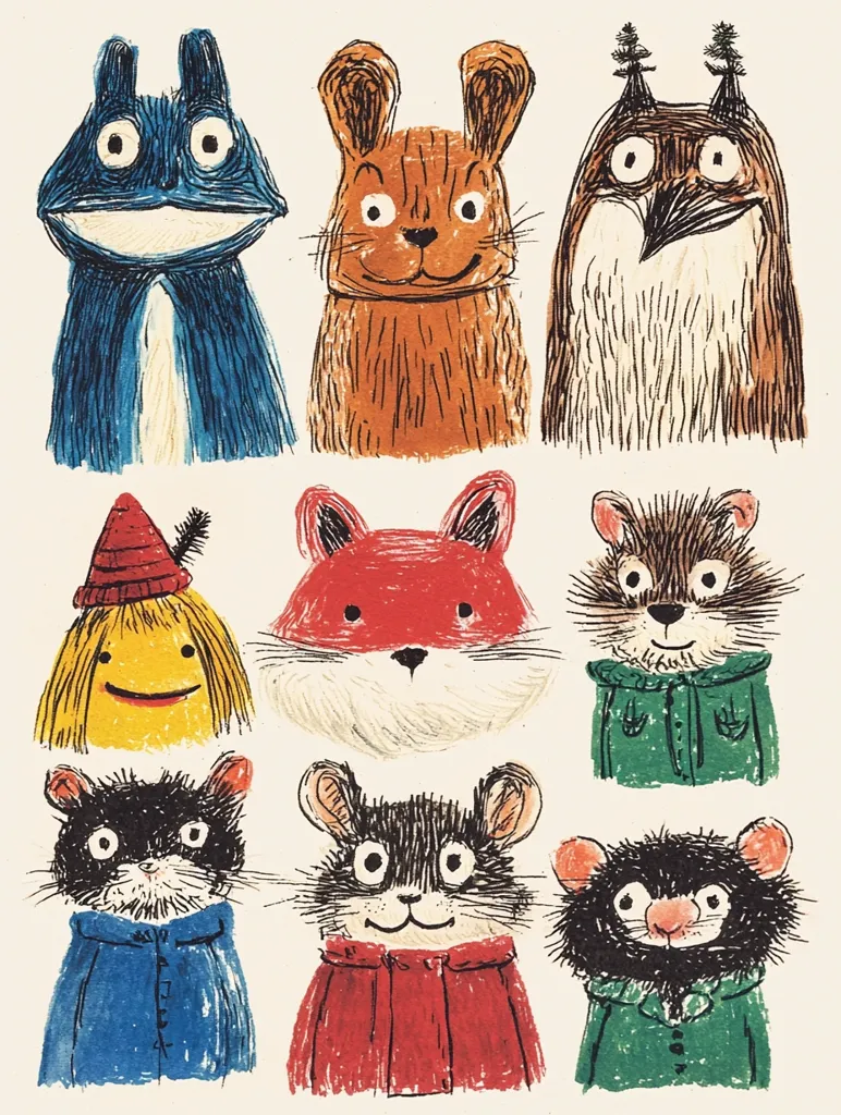 A charming collection of nine whimsical animal illustrations.  The drawings, rendered in a childlike style with crayon-like textures, depict a frog, rabbit, owl, girl with yellow hair, fox, hedgehog in a green jacket, mouse in blue, mouse in red, and a small, dark-furred creature in a green jacket. Each animal possesses expressive features and unique personalities. The overall aesthetic is playful and endearing.