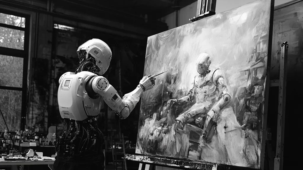 A monochrome image captures a robot meticulously painting a picture of another robot. The robotic artist, with intricate mechanical components visible, holds a brush, delicately adding details to the canvas. The painting depicts a robot seated, appearing pensive, set against a backdrop of suggestive urban scenery. The scene is set in an artist's studio, conveying a blend of technology and artistry.