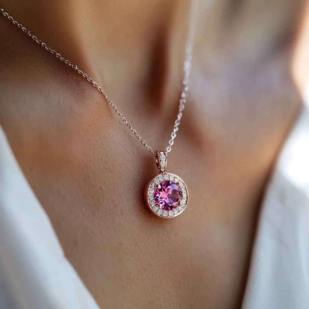 A close-up showcases a delicate rose gold necklace adorned with a vibrant pink gemstone.  The central stone is encircled by a halo of smaller, sparkling diamonds, enhancing its brilliance. The necklace rests gracefully on a woman's décolletage, highlighting the jewel's elegant design and exquisite craftsmanship.  The overall impression is one of refined luxury and subtle beauty.