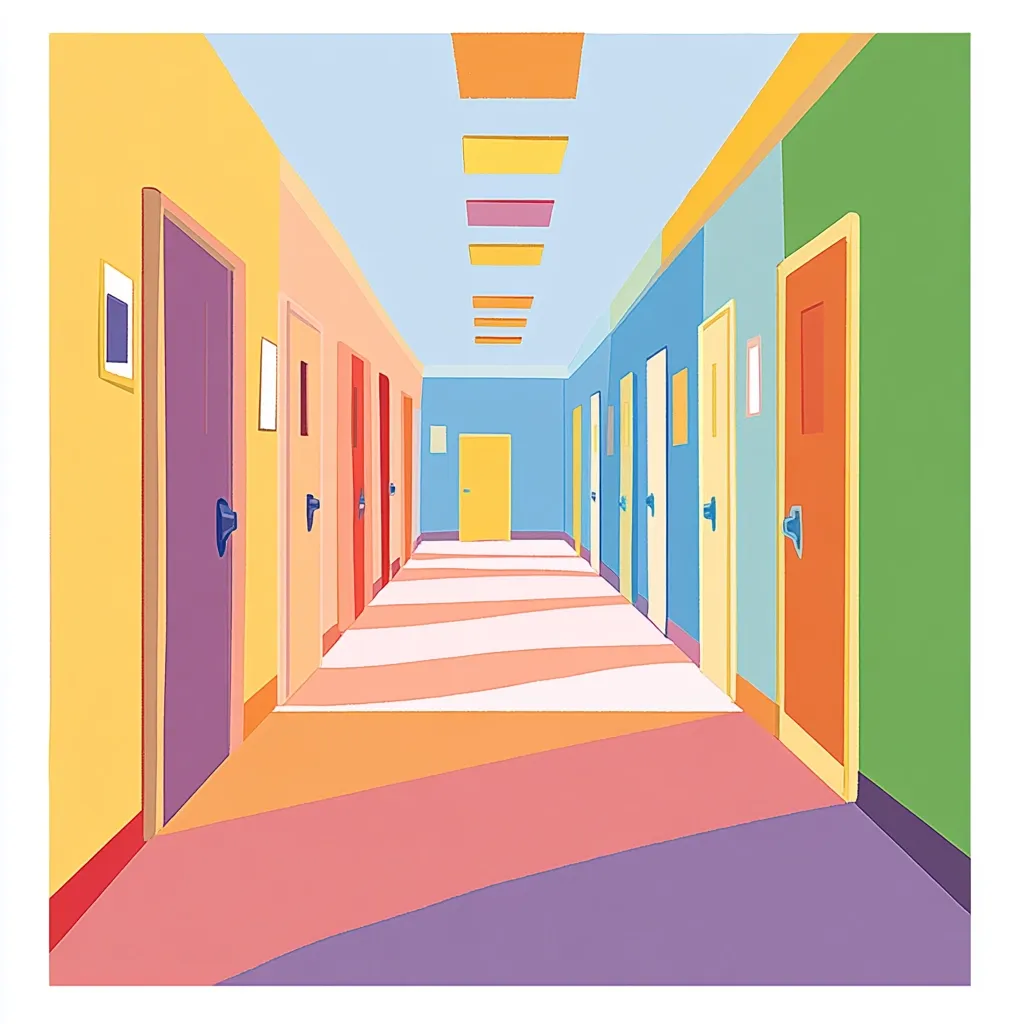 A vibrant illustration depicts a long hallway with walls in various pastel colors, including yellow, orange, pink, blue, and green.  Each wall features a row of colorful doors, adding to the cheerful atmosphere. The floor is a striped pattern of peach and white, complementing the walls. The overall style is playful and cartoonish.  The ceiling features a row of rectangular light fixtures.