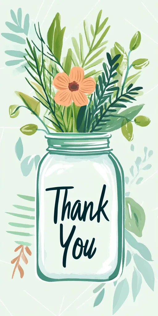 A mason jar filled with a bouquet of stylized flowers and greenery sits at the center.  The jar features the words "Thank You" in elegant script. The background is a soft, muted green with delicate, leafy patterns. The overall style is minimalist and charming, perfect for a thank you card or other expression of gratitude.