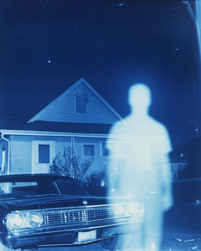 A cyanotype photograph depicts a translucent, human-like figure standing before a classic car parked in front of a house at night. The figure is softly illuminated, appearing almost ethereal against the dark background.  The house is a simple structure with a gabled roof, and the car's details are visible but softened by the photographic process. The overall mood is mysterious and slightly unsettling.